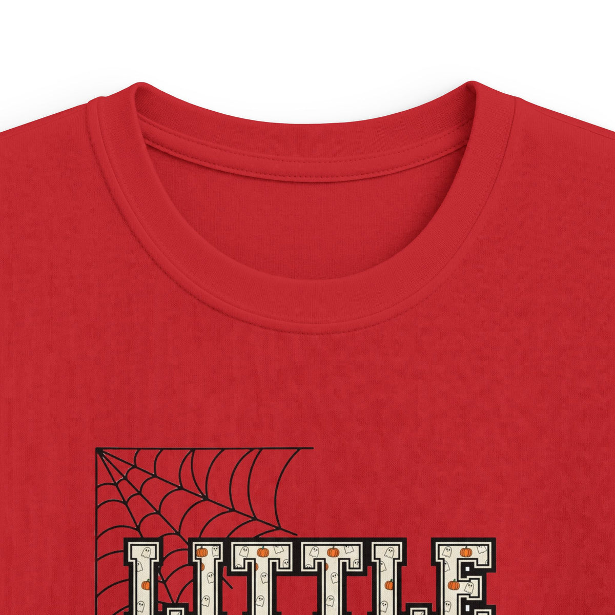 Little Sis Kids Halloween T-Shirt — Candy Corn Colors, Orange Bow & Spiderwebs Tee