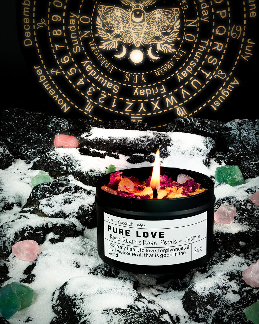 Crystal Intention Candle, 8oz Soy & Coconut Tin with Dried Flowers, Meditation Self-Care Gift