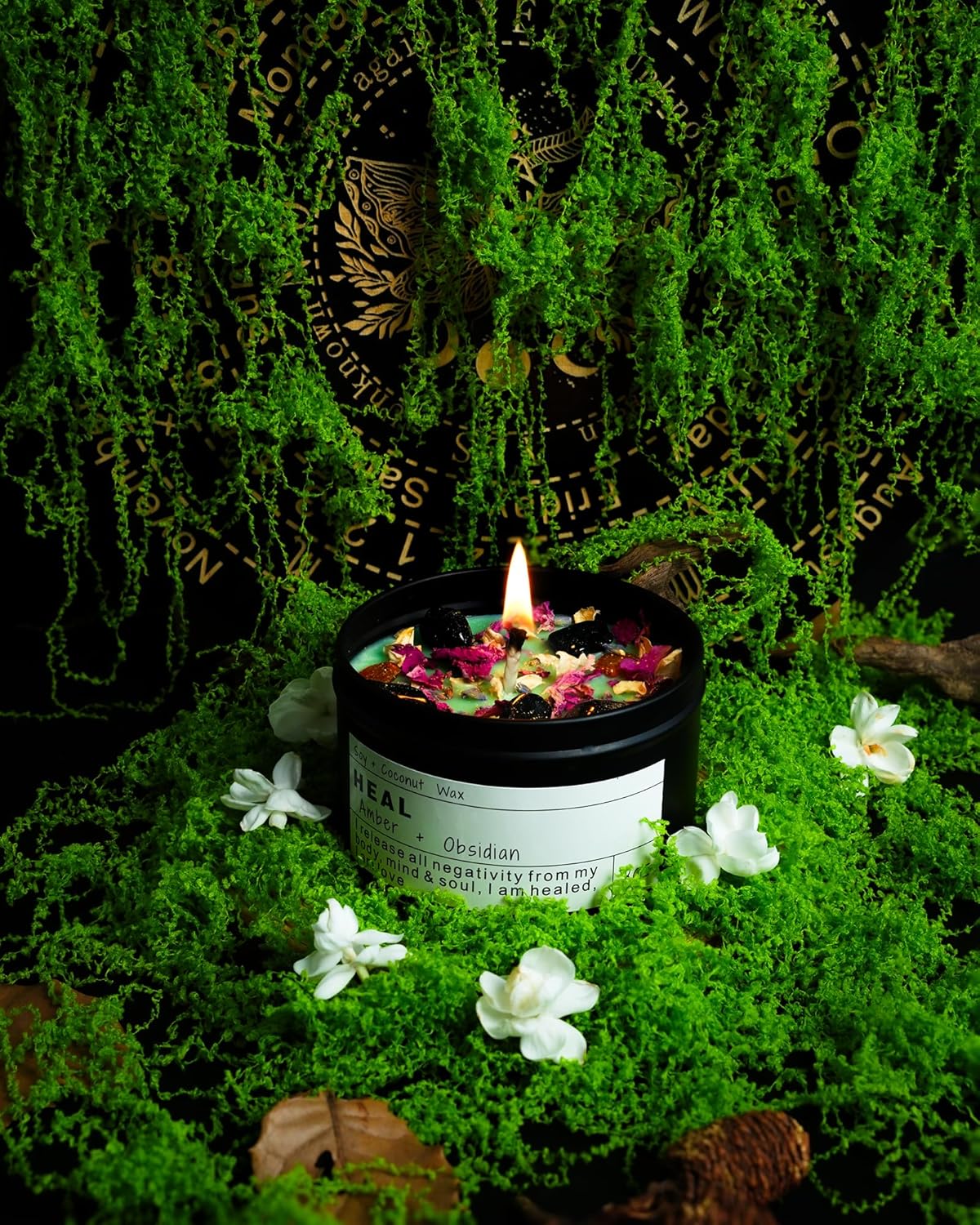 Crystal Intention Candle, 8oz Soy & Coconut Tin with Dried Flowers, Meditation Self-Care Gift