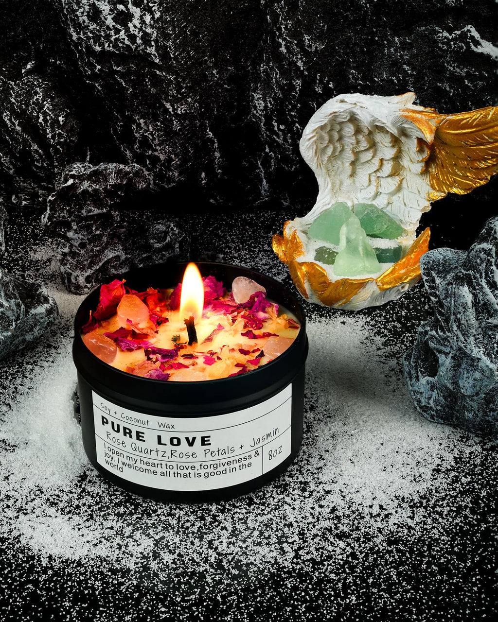 Crystal Intention Candle, 8oz Soy & Coconut Tin with Dried Flowers, Meditation Self-Care Gift