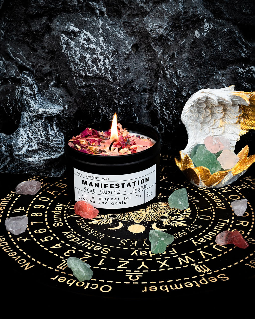 Crystal Intention Candle, 8oz Soy & Coconut Tin with Dried Flowers, Meditation Self-Care Gift