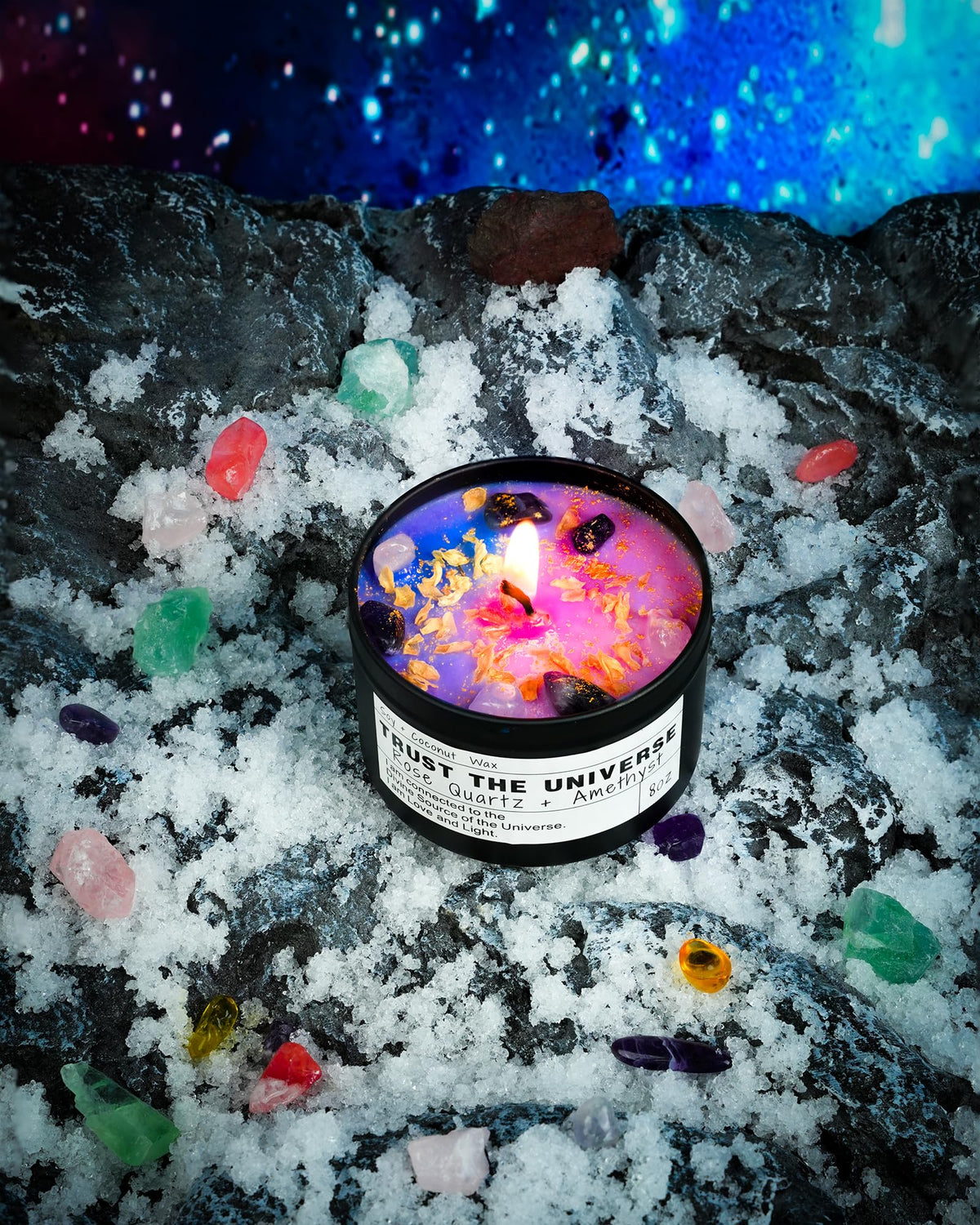 Crystal Intention Candle, 8oz Soy & Coconut Tin with Dried Flowers, Meditation Self-Care Gift