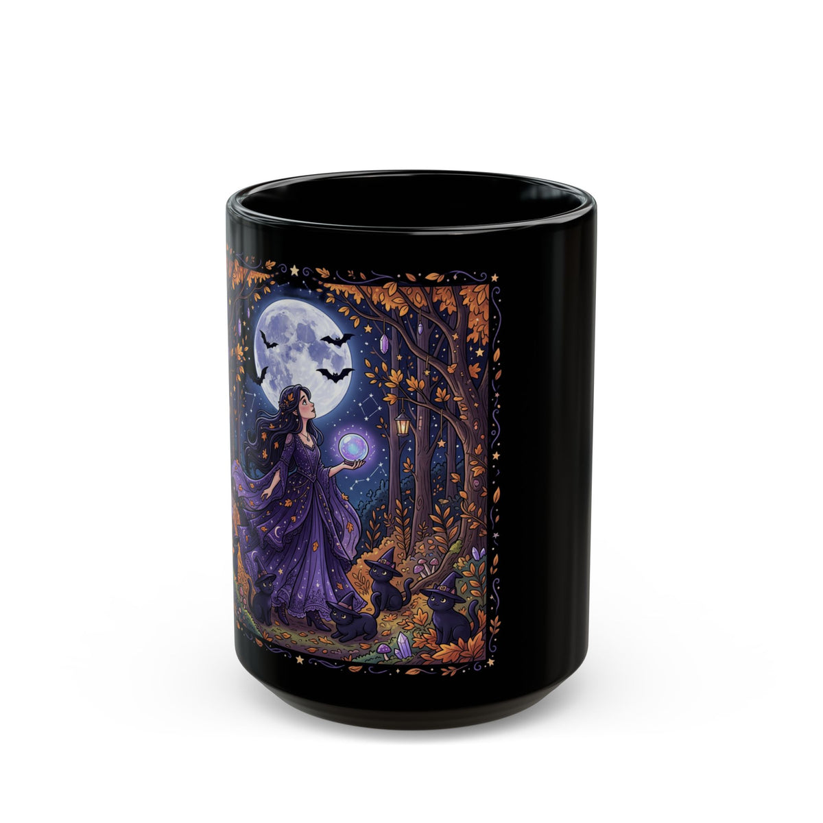 Witchy Moonlight Black Mug — Beautiful Witch Crystal Ball Full Moon Gothic Coffee Cup