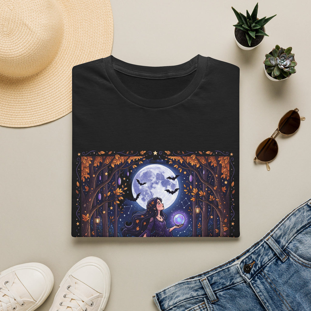 Moonlit Witch T-Shirt — Beautiful Witch Crystal Ball Full Moon Mystical Forest Graphic Tee