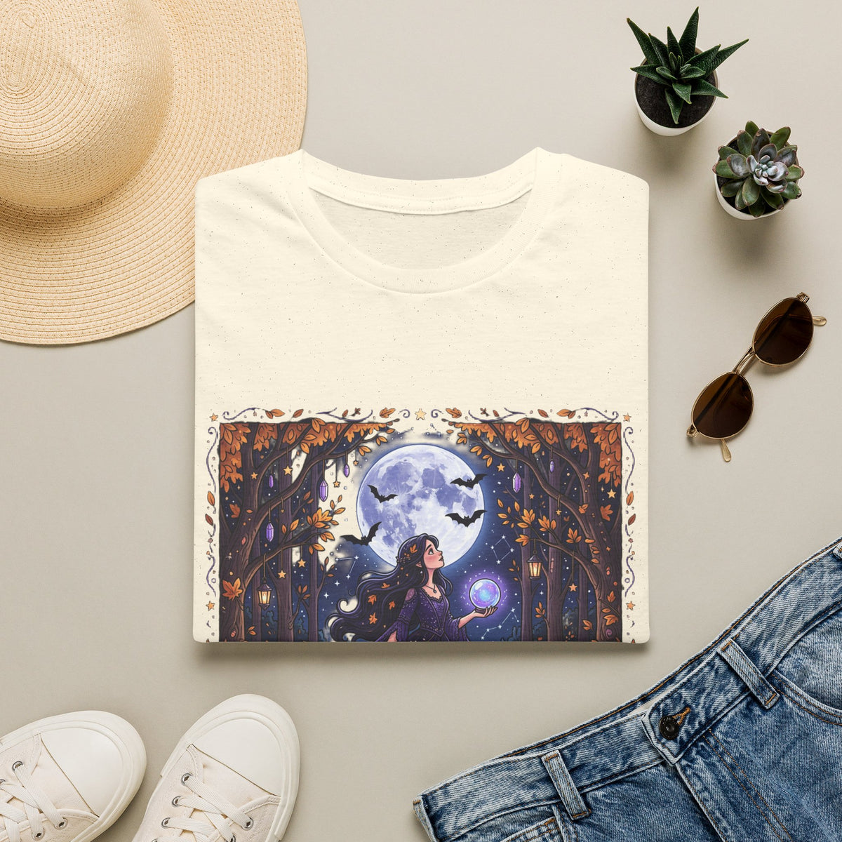 Moonlit Witch T-Shirt — Beautiful Witch Crystal Ball Full Moon Mystical Forest Graphic Tee