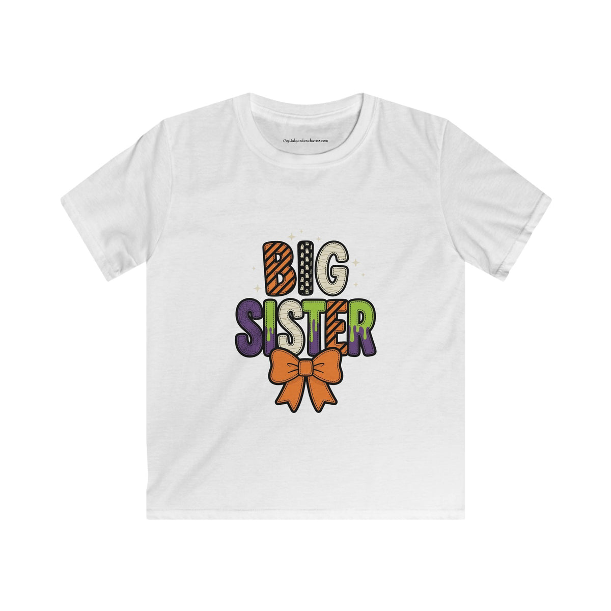 Big Sister Kids Halloween T-Shirt — Orange Bow & Spooky Colors Graphic Tee