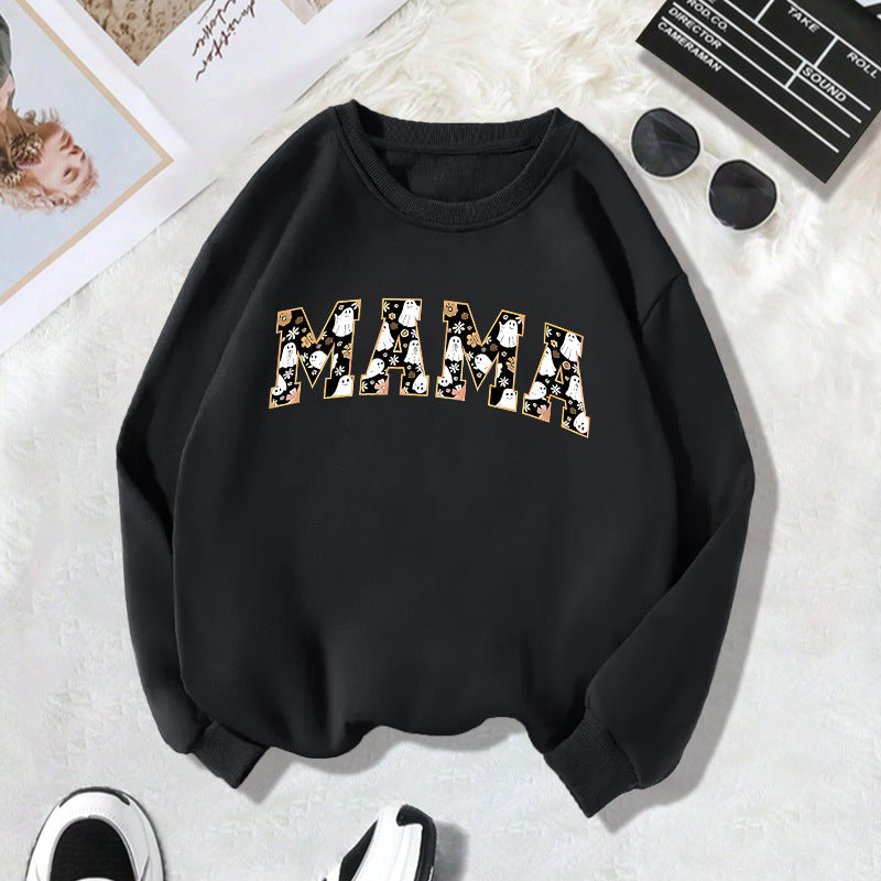 Rear collar with fleece sweatshirt round neck MAMA letter print