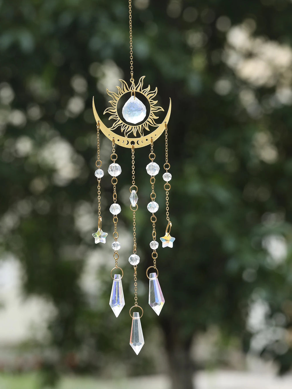 Gold Flame Moon Crystal Suncatcher | Hanging Decor