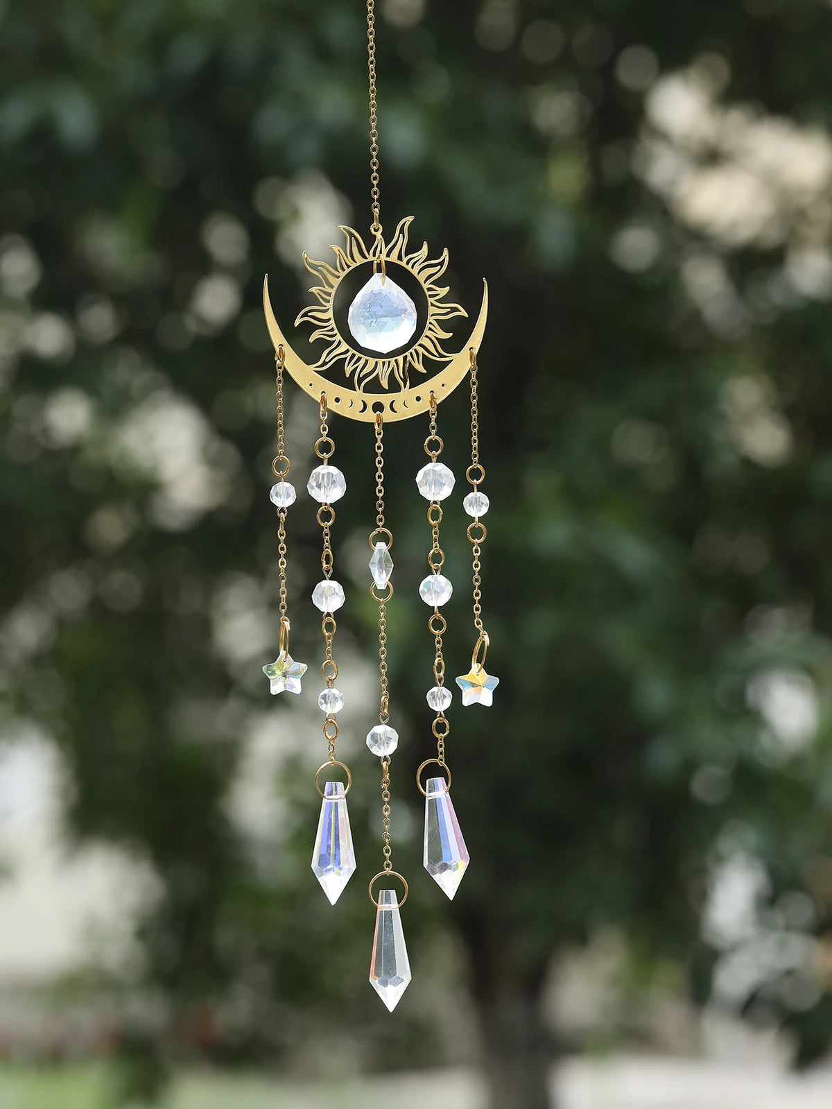 Gold Flame Moon Crystal Suncatcher | Hanging Decor
