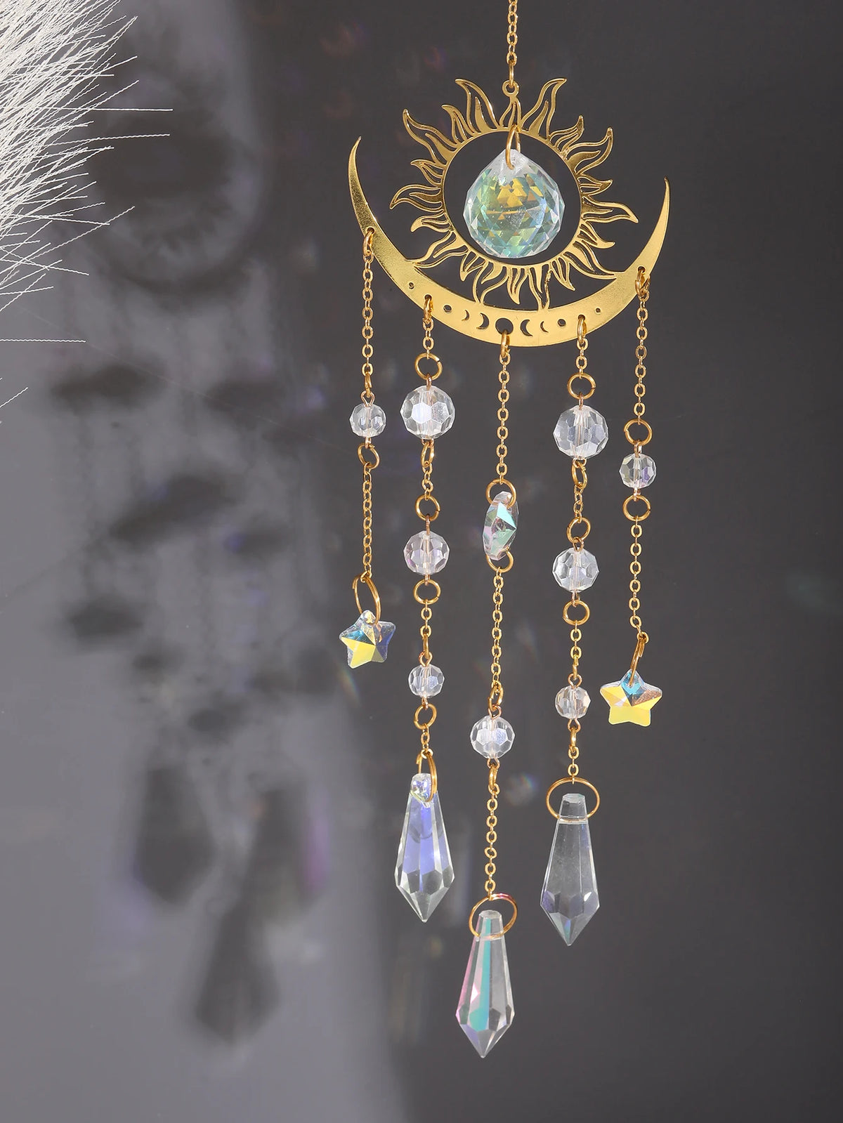 Gold Flame Moon Crystal Suncatcher | Hanging Decor