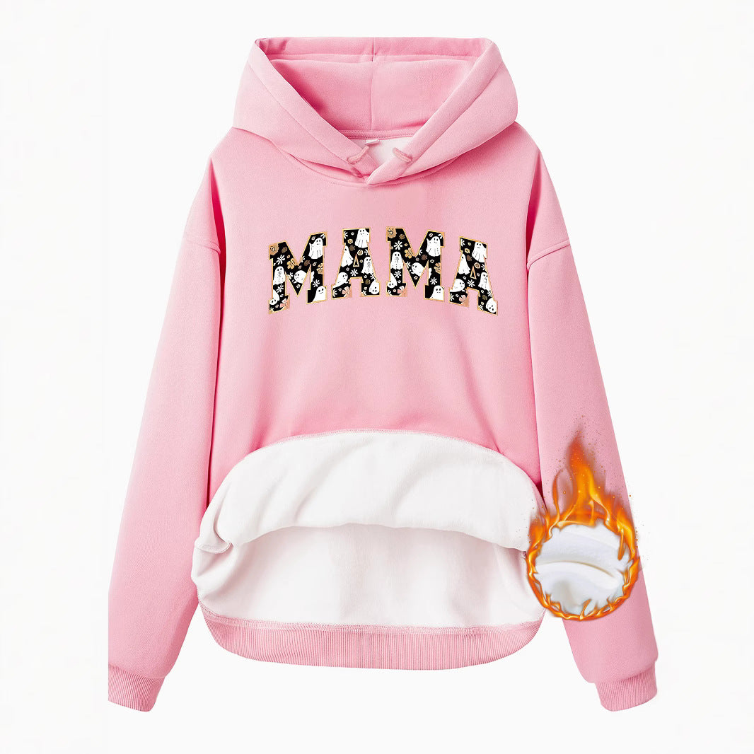 Pocket hooded long sleeved fleece sweatshirt top with MAMA print