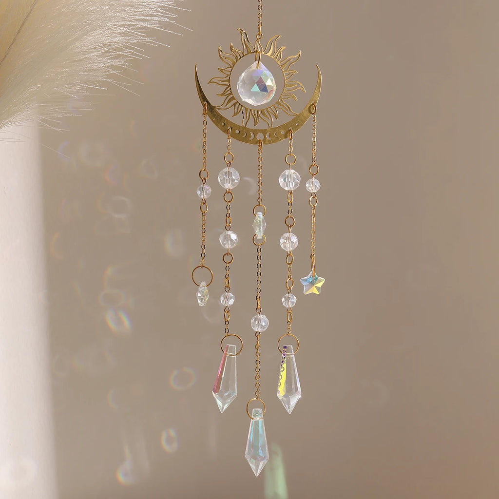 Gold Flame Moon Crystal Suncatcher | Hanging Decor