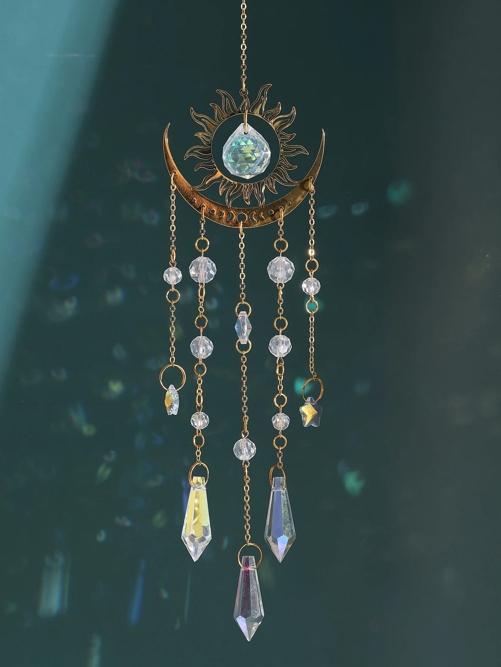 Gold Flame Moon Crystal Suncatcher | Hanging Decor