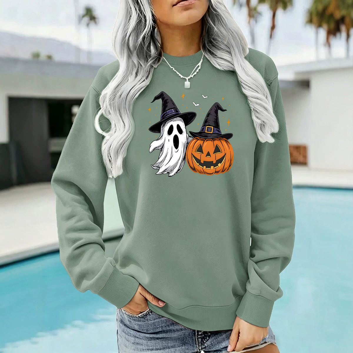Ghost & Pumpkin Witch Hat Sweatshirt