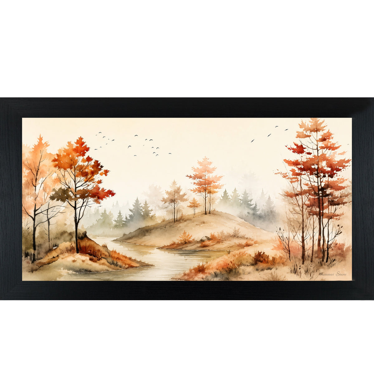 Autumn River Landscape Wall Art – Watercolor Fall Scenic Wide Landscape Farmhouse Decor (SB764)