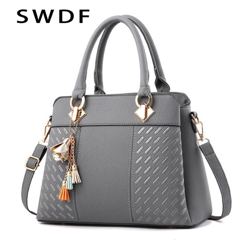 Embroidered Tassel PU Tote Bag