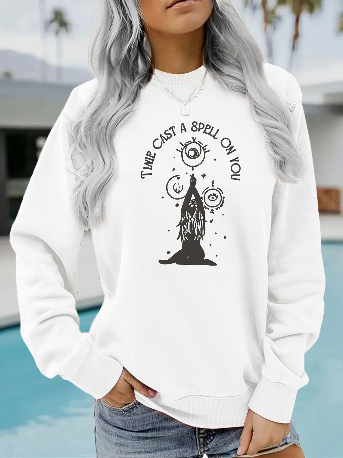 Mysterious witchcraft printed long sleeved round neck shirt