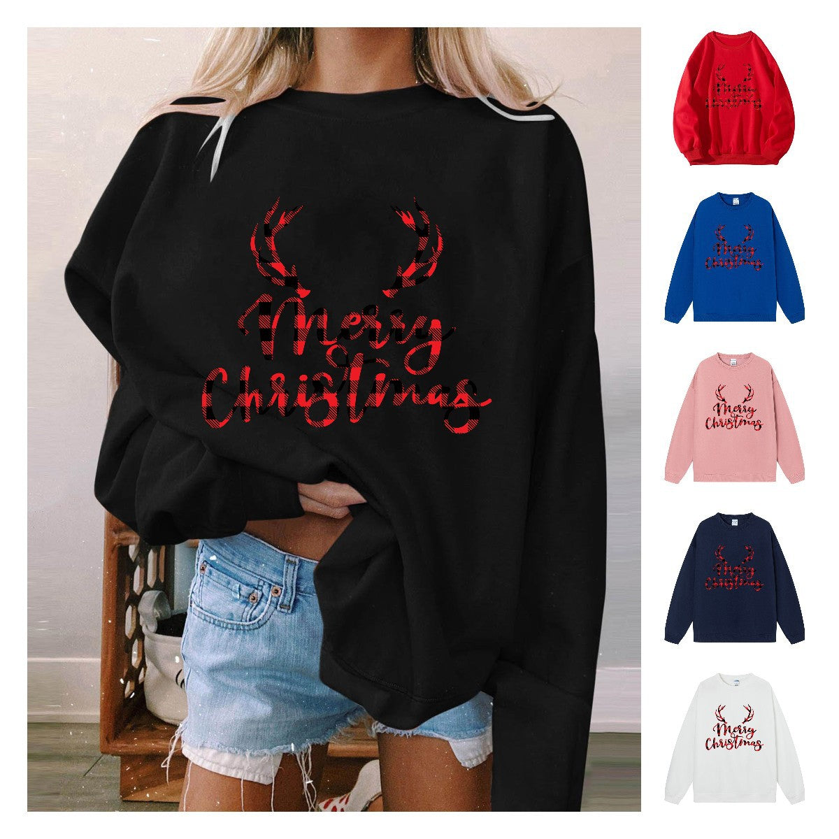 Merry Christmas Plaid Antlers Sweatshirt