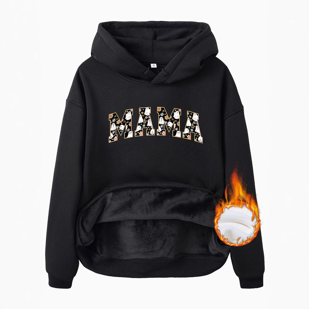 Pocket hooded long sleeved fleece sweatshirt top with MAMA print