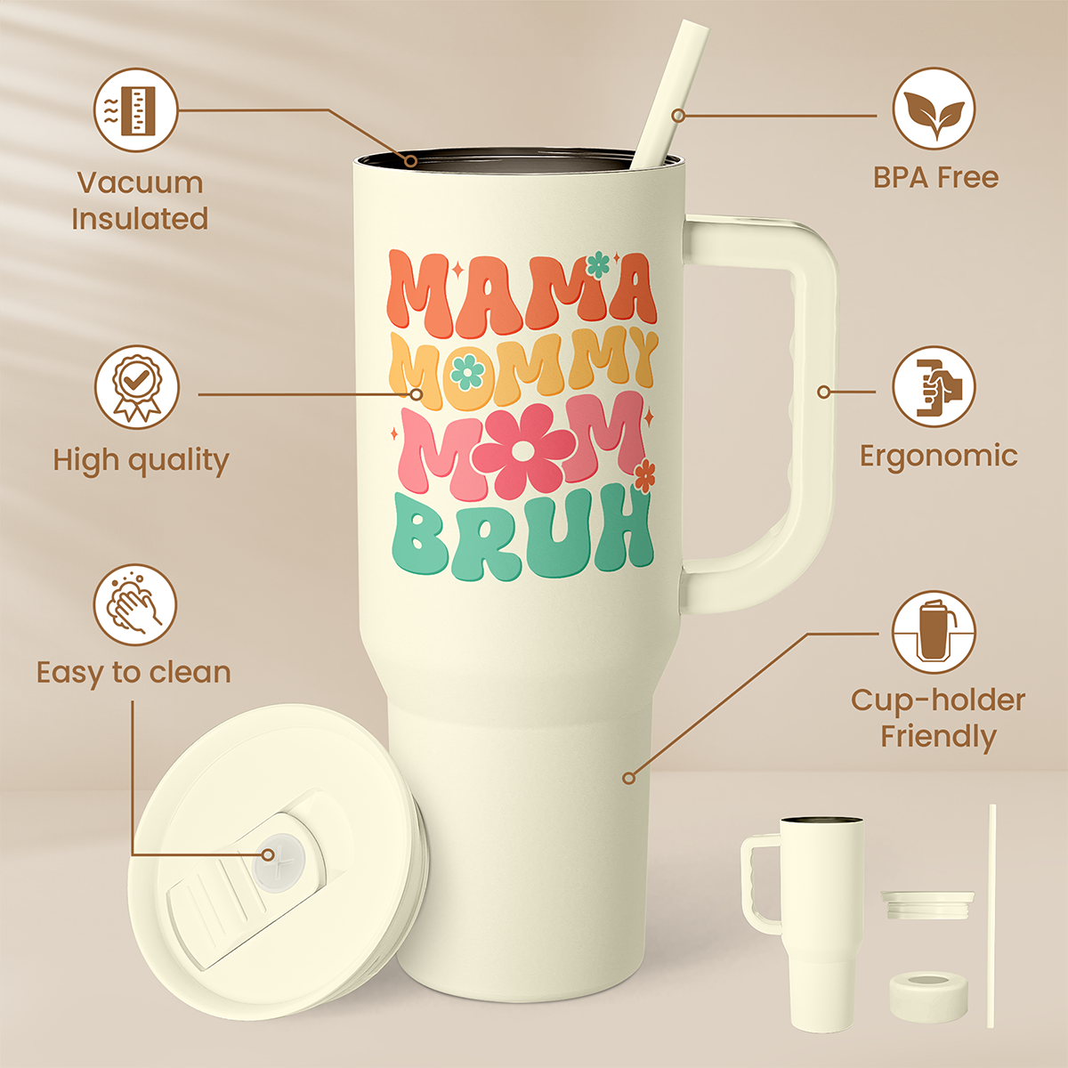 Beige Funny Mom Mama Bruh Slidemate | Slider Tumbler with Handle 40oz