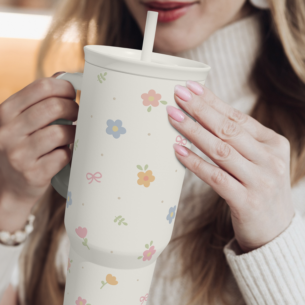 White Floral Slidemate | Slider Tumbler with Handle 40oz