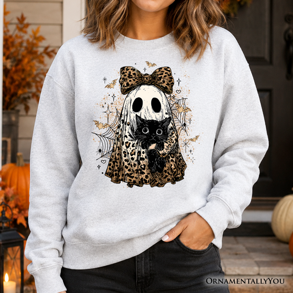Leopard Bow Ghost & Black Cat Halloween Sweatshirt