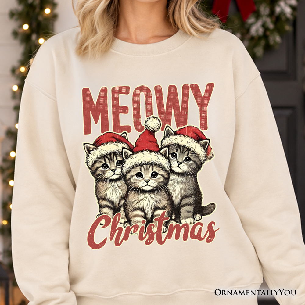 Cute Meowy Christmas Sweatshirt, Baby Cat In Santa Hat Holiday Sweater