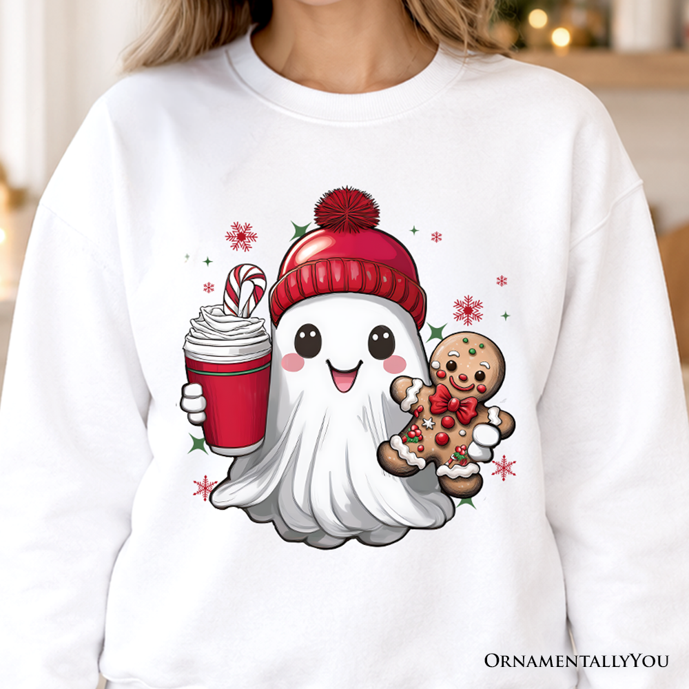 Cute Ghost Christmas Sweatshirt, Adorable Gingerbread and Cocoa Holiday Sweater