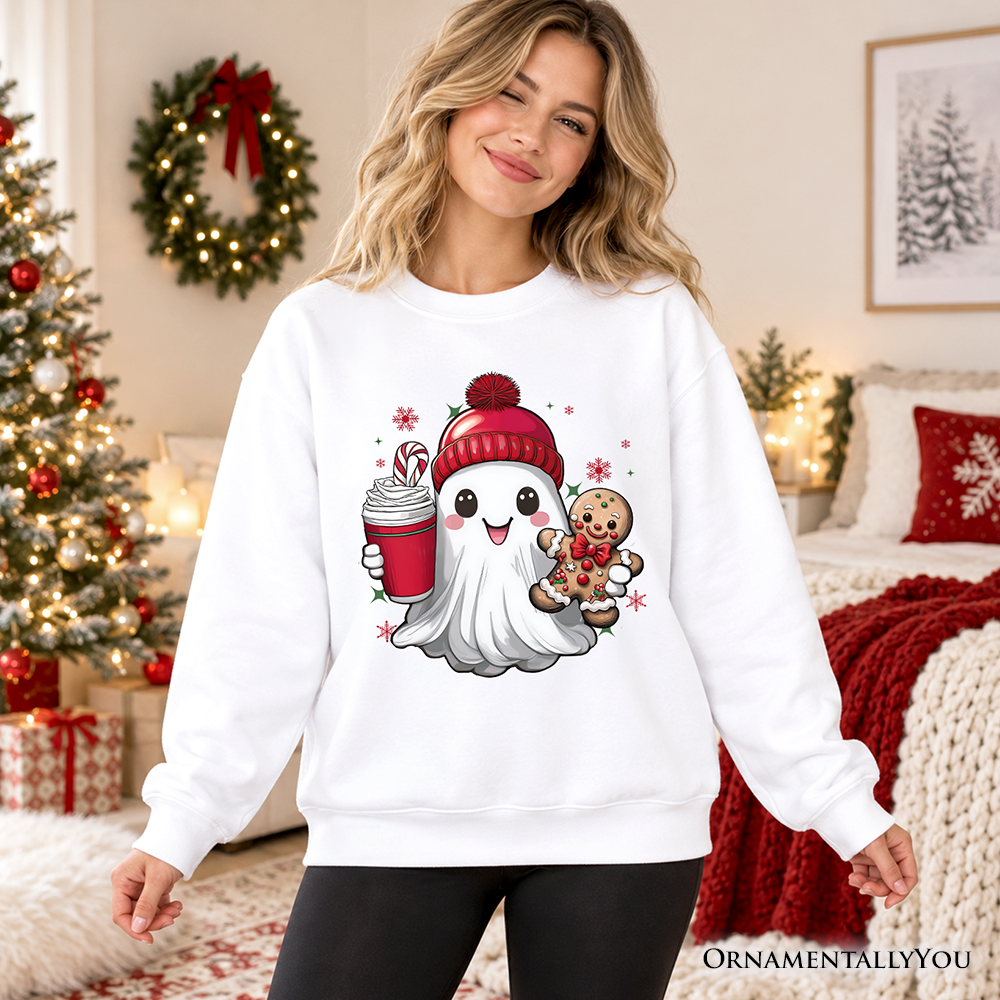 Cute Ghost Christmas Sweatshirt, Adorable Gingerbread and Cocoa Holiday Sweater