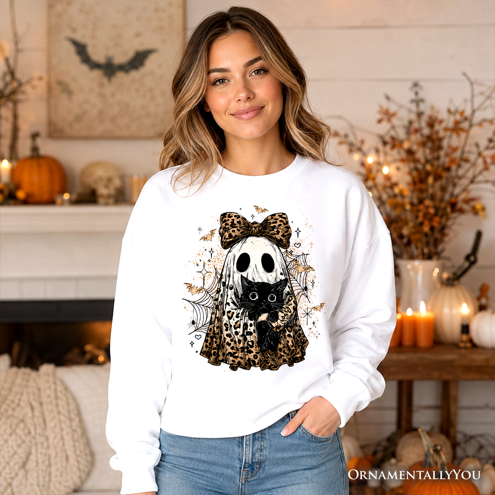 Leopard Bow Ghost & Black Cat Halloween Sweatshirt