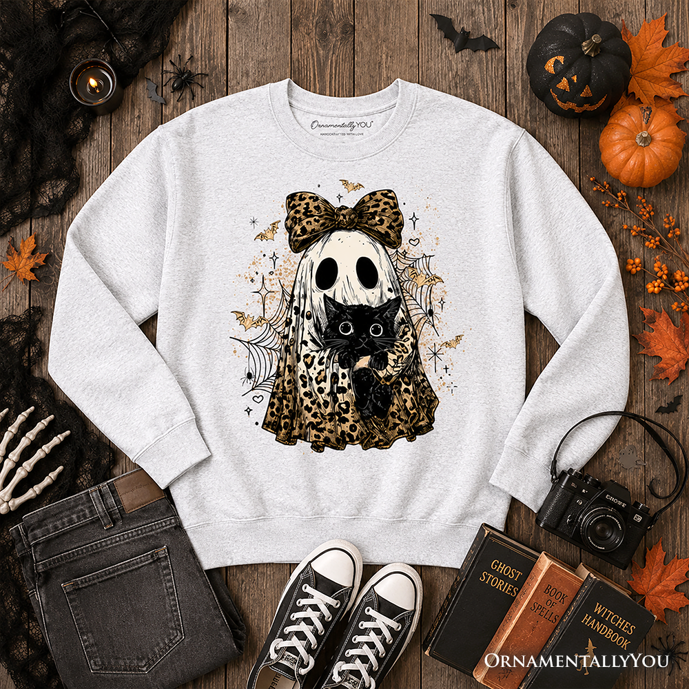 Leopard Bow Ghost & Black Cat Halloween Sweatshirt