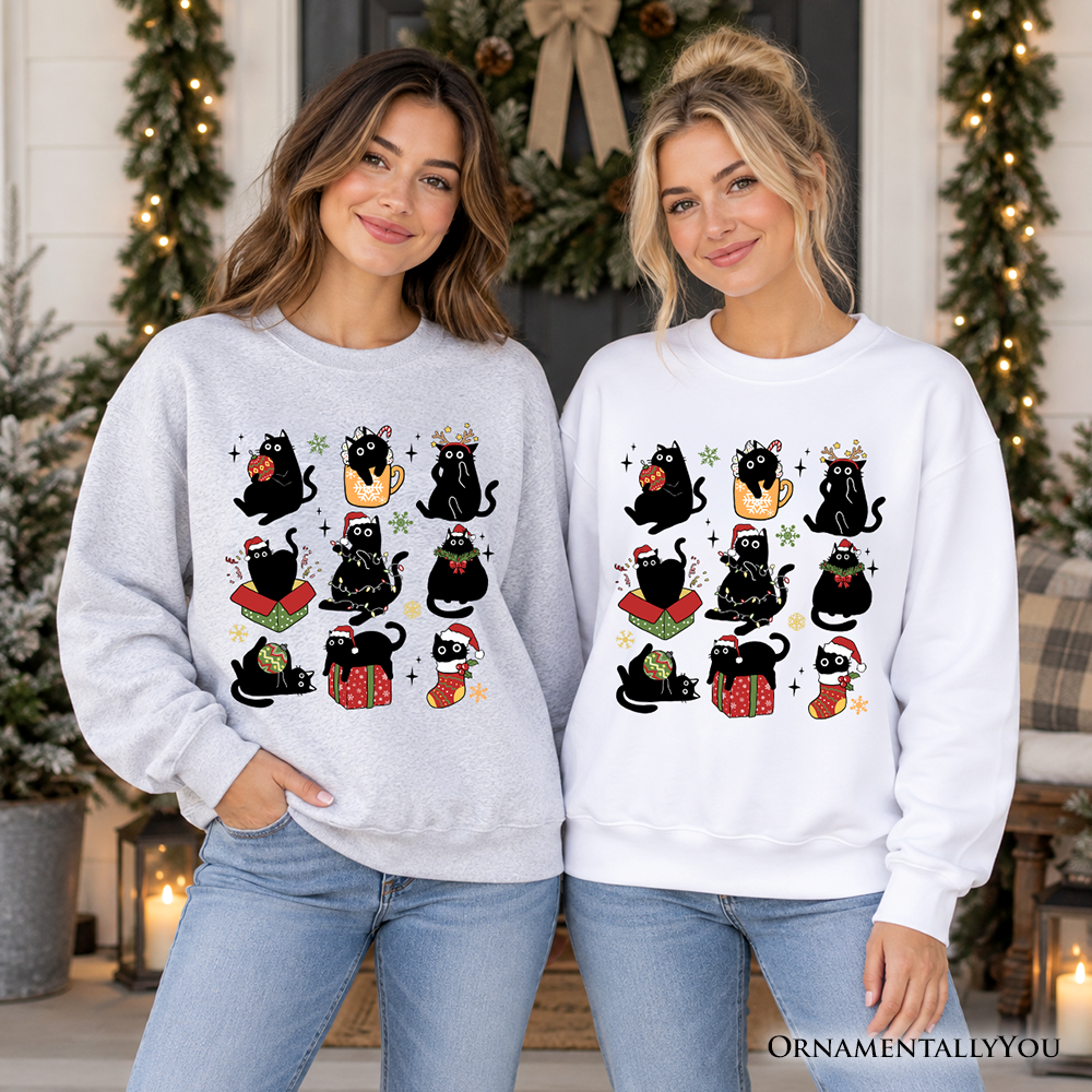 Christmas Black Cats Sweatshirt, Whimsical Cats with Santa Hat Sweater