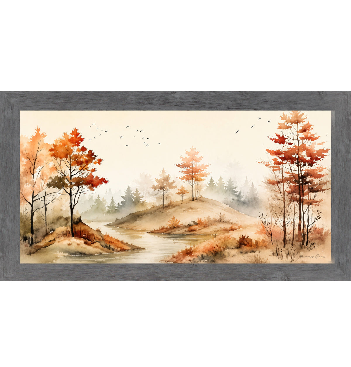 Autumn River Landscape Wall Art – Watercolor Fall Scenic Wide Landscape Farmhouse Decor (SB764)