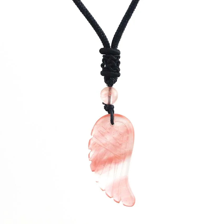 Crystal Angel Wing Pendant Necklace — Natural Gemstone Adjustable Rope