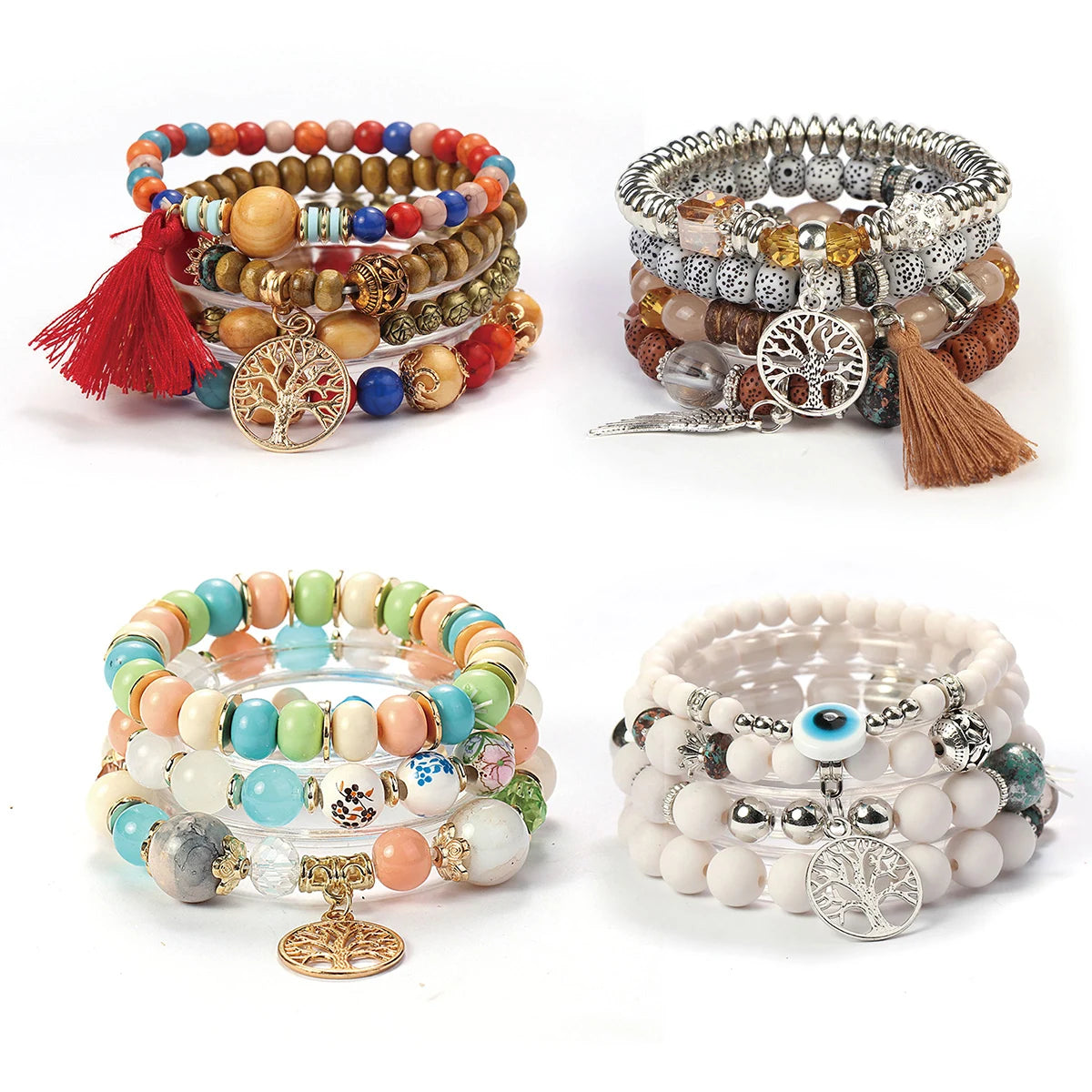 Boho Tree of Life Beaded Bracelet - 4 piece set