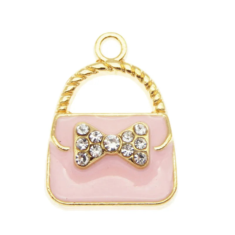 Bow & Crystal Enamel Handbag Charms – 6pcs Alloy Pendants for Jewelry Making