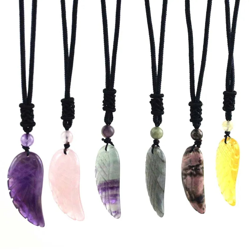 Crystal Angel Wing Pendant Necklace — Natural Gemstone Adjustable Rope