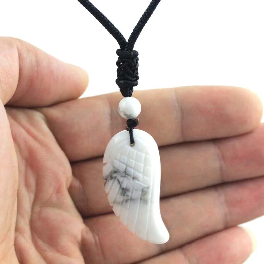 Crystal Angel Wing Pendant Necklace — Natural Gemstone Adjustable Rope