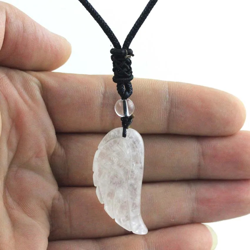 Crystal Angel Wing Pendant Necklace — Natural Gemstone Adjustable Rope