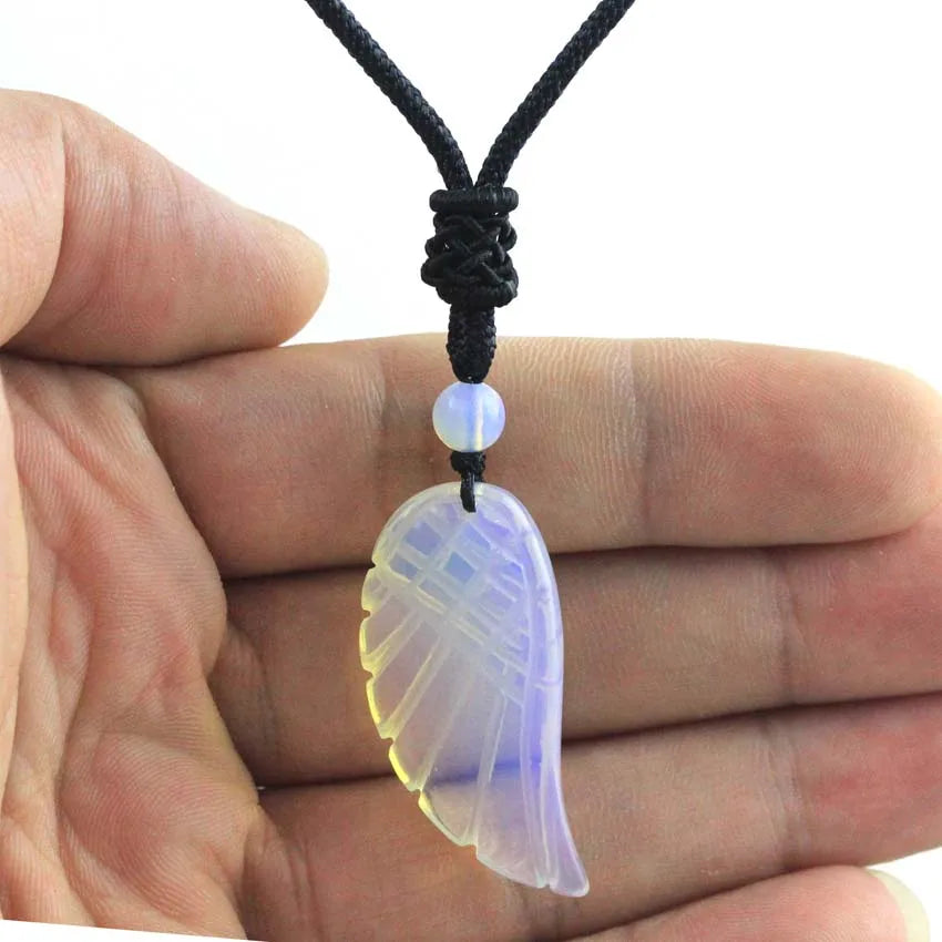 Crystal Angel Wing Pendant Necklace — Natural Gemstone Adjustable Rope