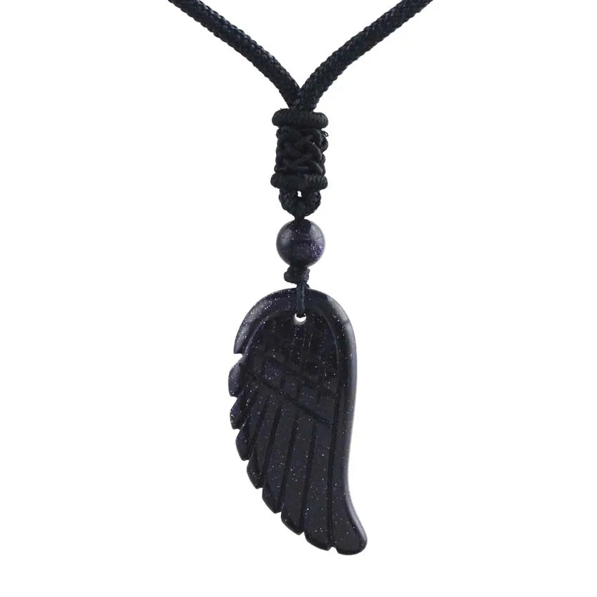 Crystal Angel Wing Pendant Necklace — Natural Gemstone Adjustable Rope