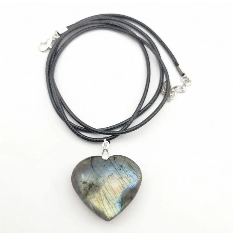Natural Labradorite Crystal Pendant | Heart & Leaf | Leather Chain