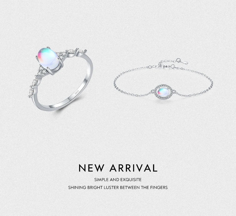 Natural Moonstone Jewelry Set | 925 Sterling Silver | Oval Ring & Charm Bracelet