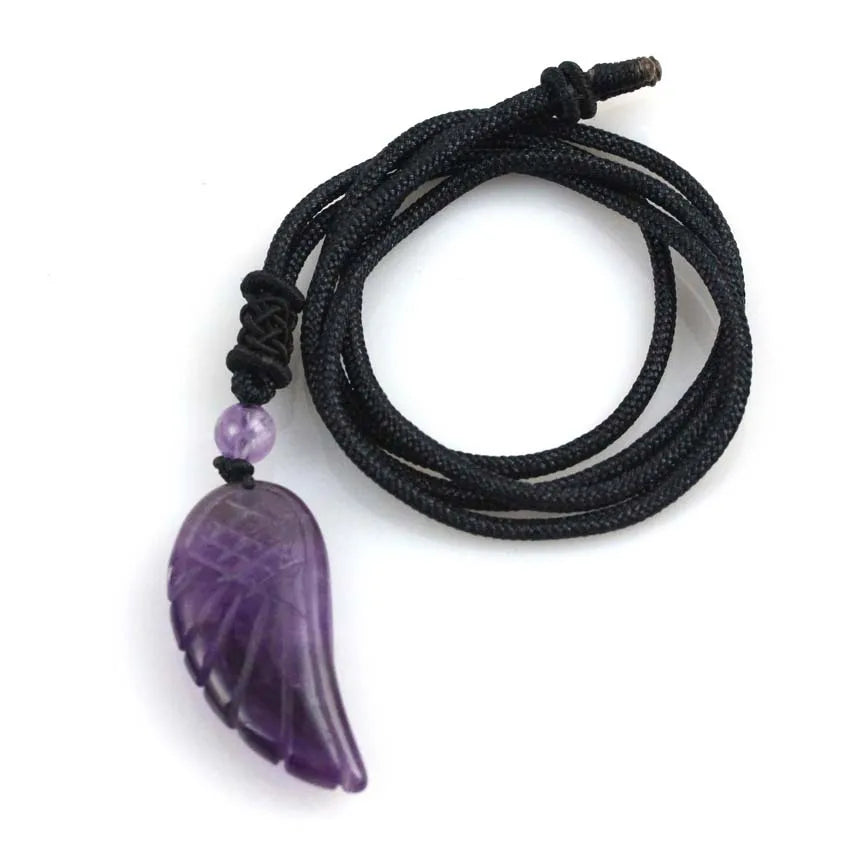 Crystal Angel Wing Pendant Necklace — Natural Gemstone Adjustable Rope