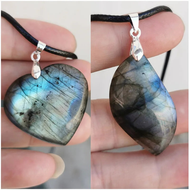 Natural Labradorite Crystal Pendant | Heart & Leaf | Leather Chain