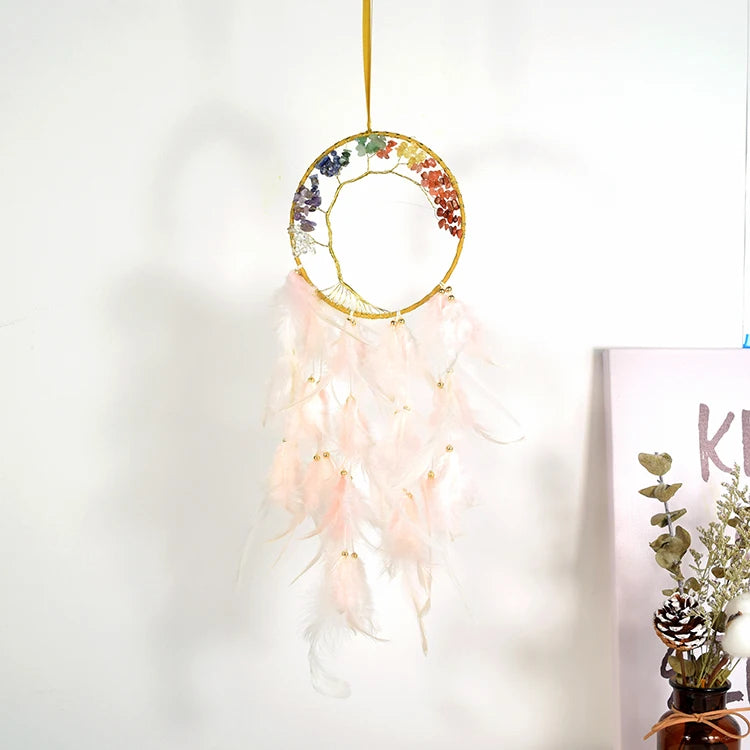 Rose Pink Feather & Chakra Stone Dreamcatcher