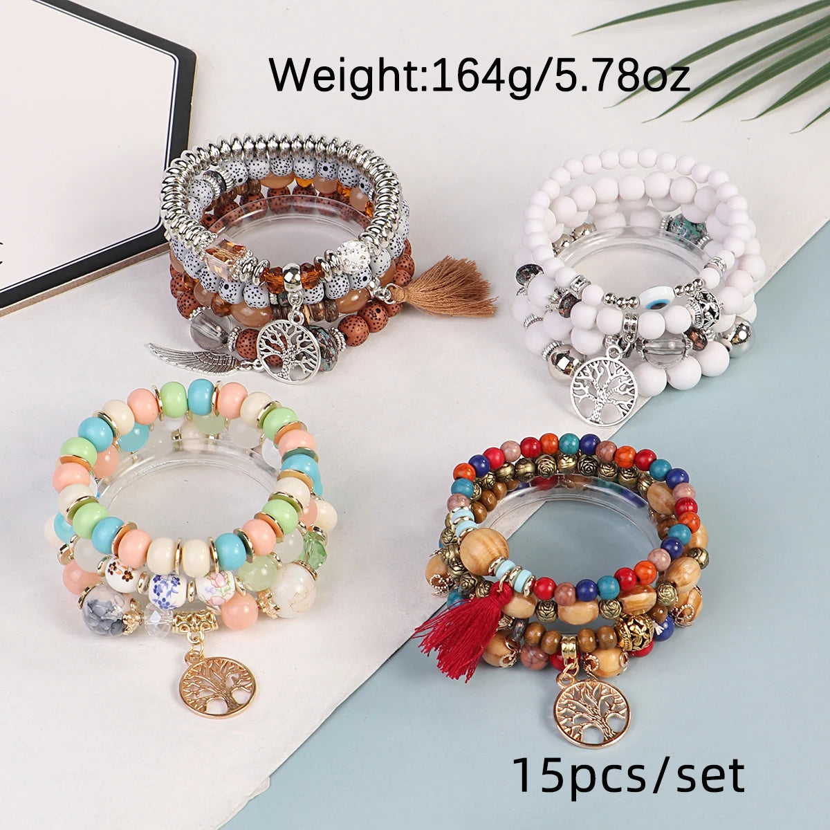 Boho Tree of Life Beaded Bracelet - 4 piece set