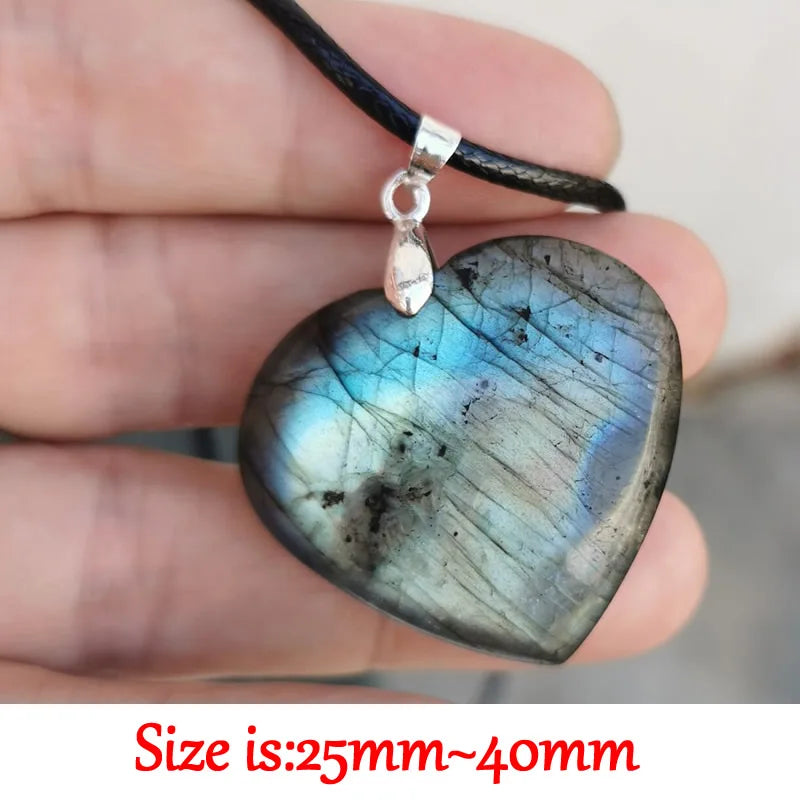 Natural Labradorite Crystal Pendant | Heart & Leaf | Leather Chain