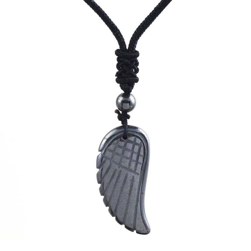 Crystal Angel Wing Pendant Necklace — Natural Gemstone Adjustable Rope
