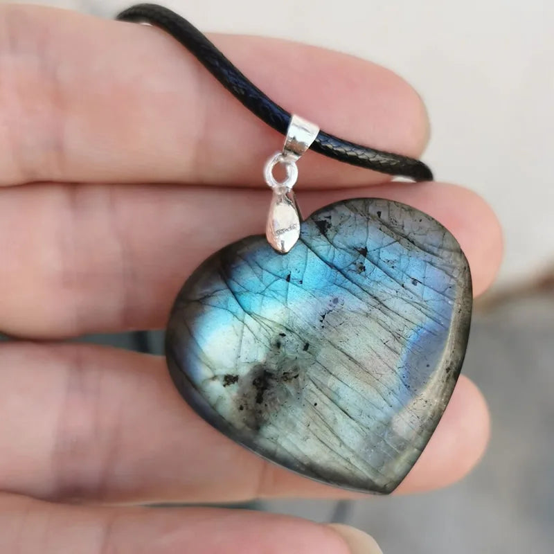 Natural Labradorite Crystal Pendant | Heart & Leaf | Leather Chain